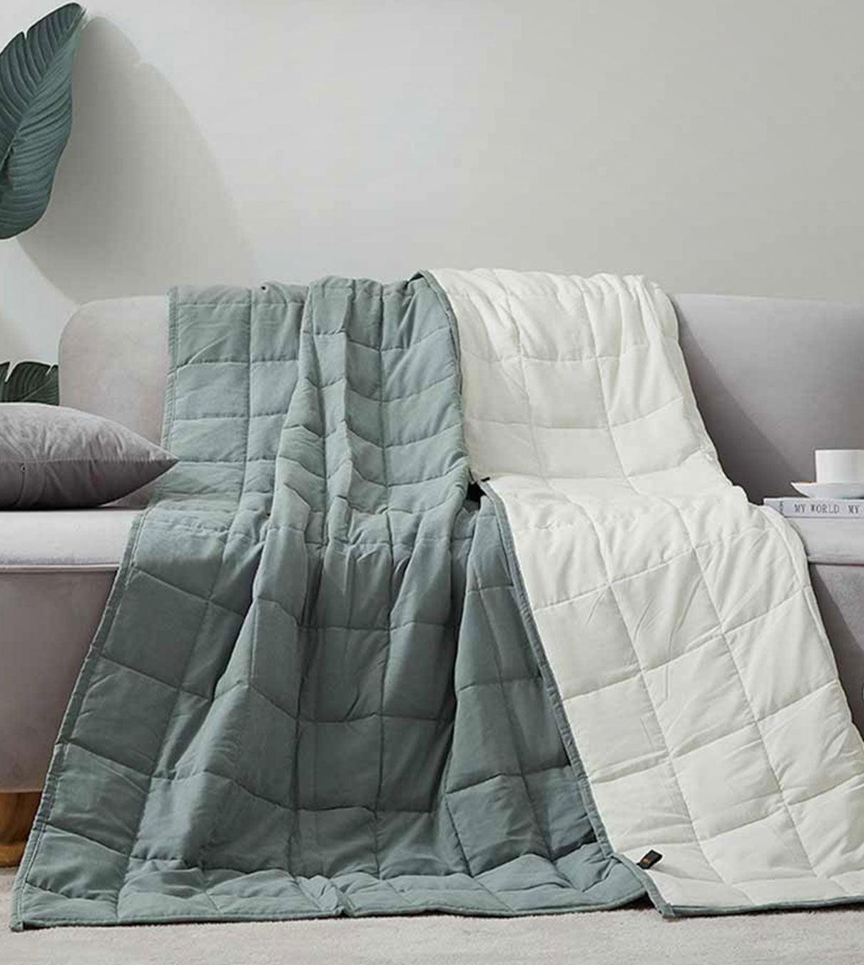 Product: YNM Weighted Blanket 12lb | Color: Cotton/Polyester Light Green/Grey 2.0