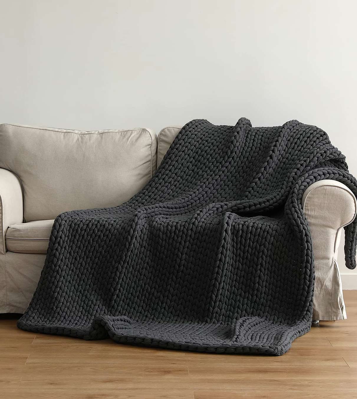 Product: 15lb Knitted Weighted Blanket | Color: Cotton Dark Grey