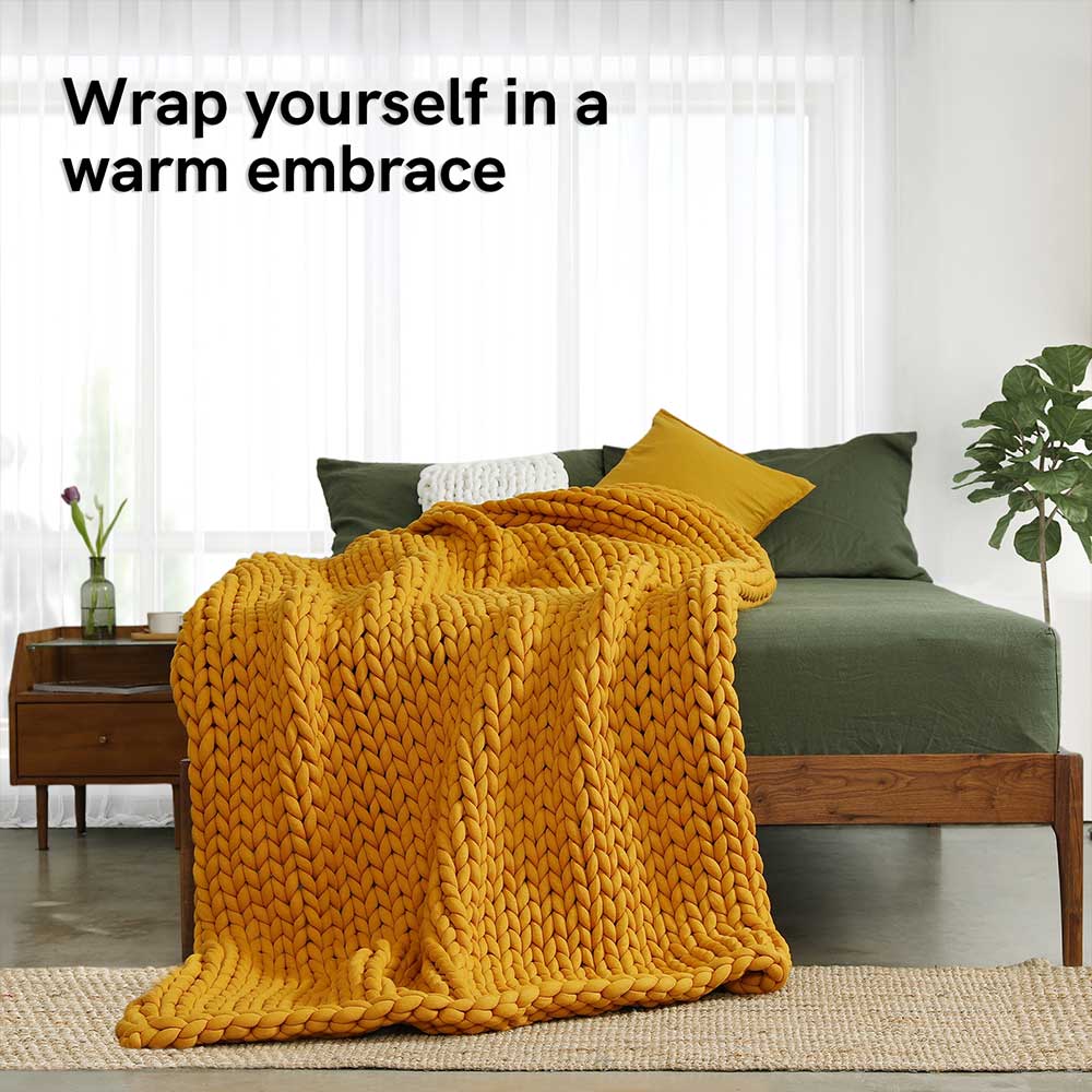 Product: 20lb Knitted Weighted Blanket | Color: Original Yellow Fusion