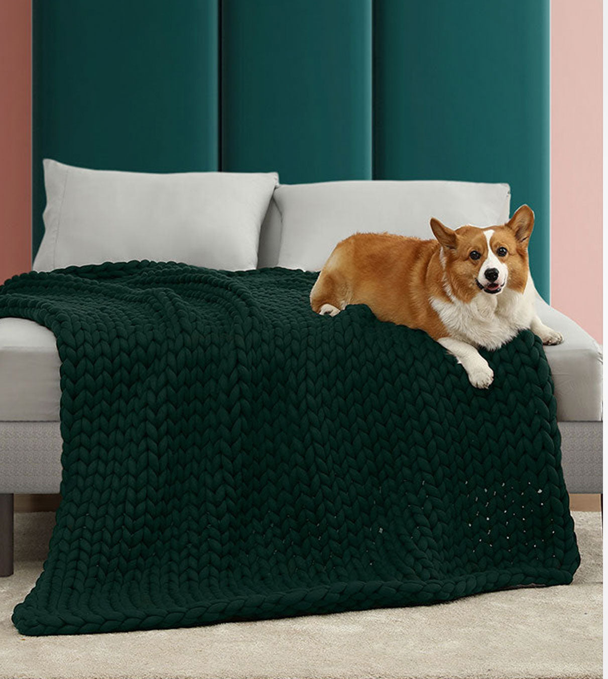 Product: 25lb Knitted Weighted Blanket | Color: Original Pacific Green