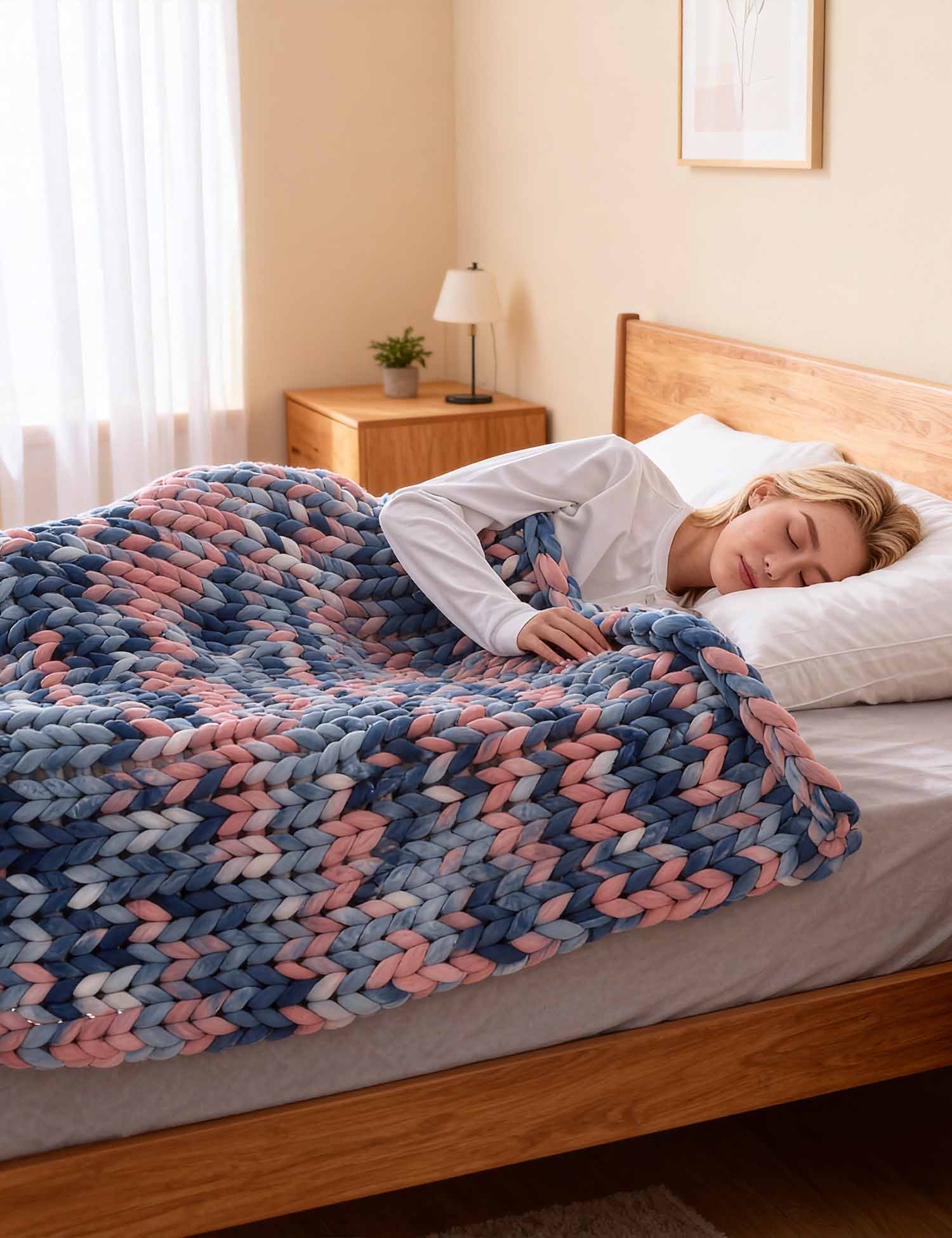 Product: Knitted Weighted Blanket | Color: Pink Sky