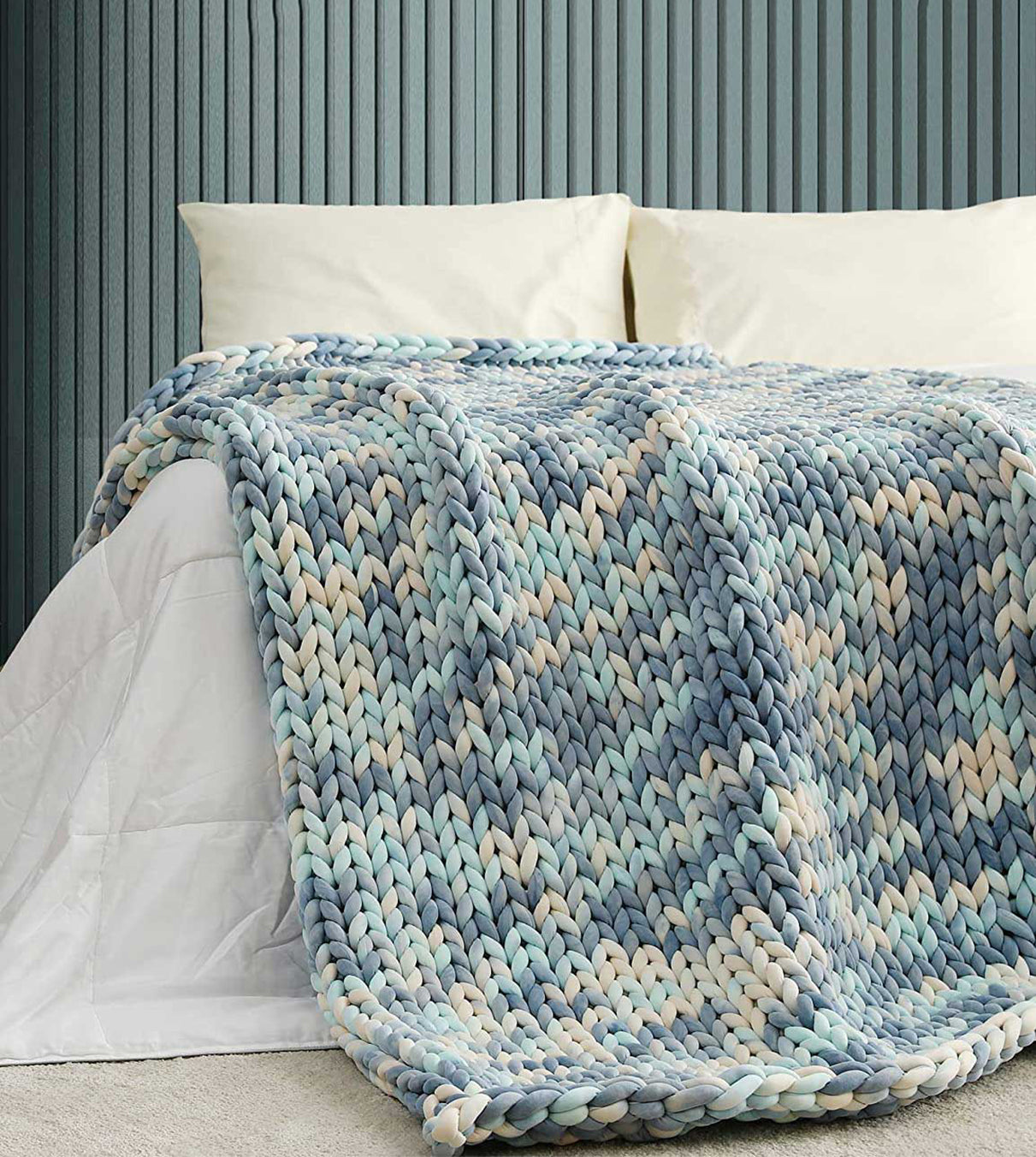 Product: 15lb Knitted Weighted Blanket | Color: Modal Tie Dye Calm Sea