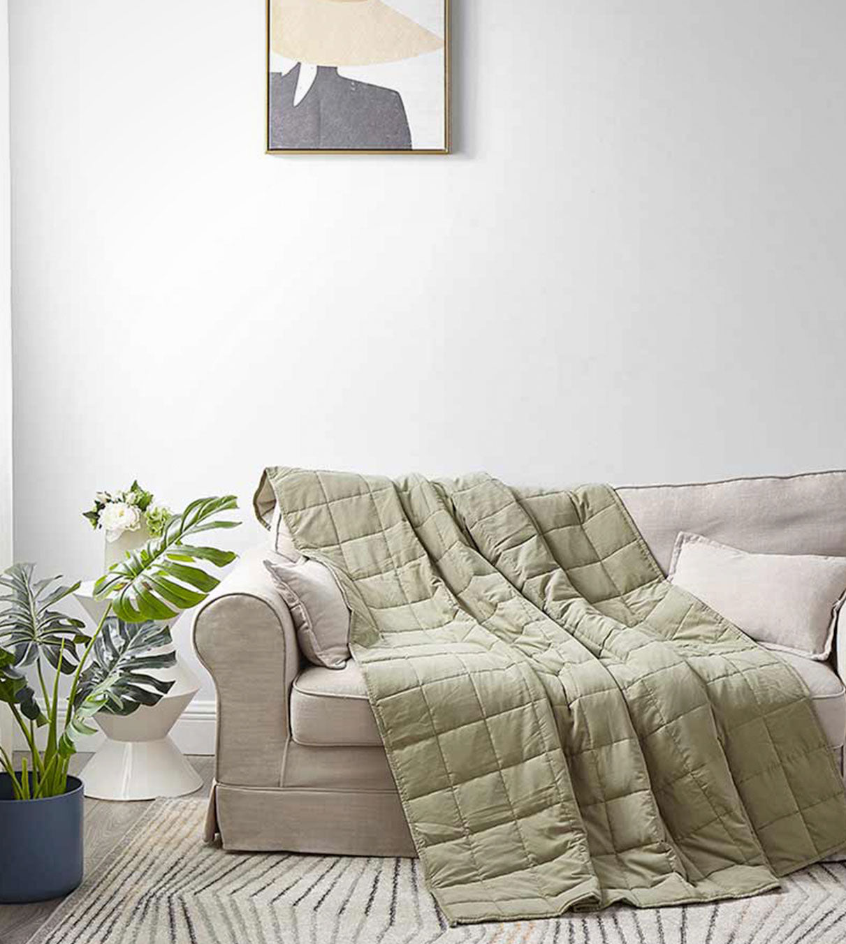 Product: 12lb Weighted Blanket | Color: Cotton-Polyester Avocado White 2.0