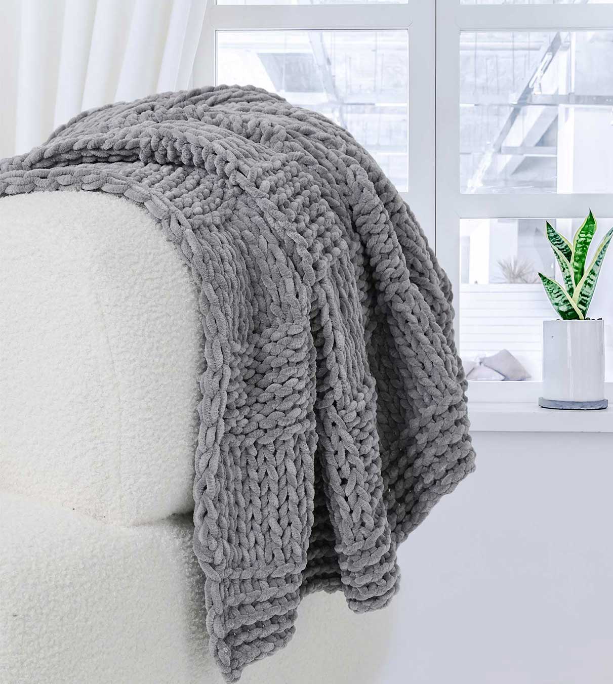 Product: Chenille Throw Blanket | Color: Light Grey Checkered